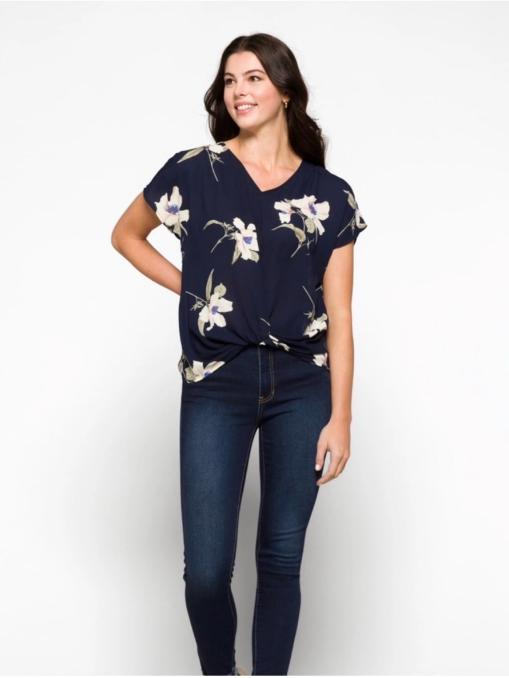 West Kei Navy Floral Twist-Front Blouse